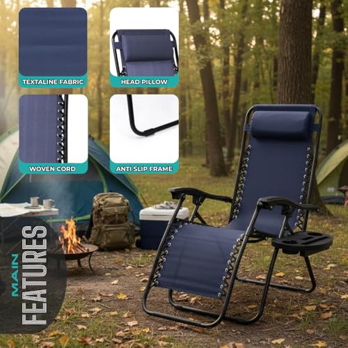 Zero Gravity Lounge Chair Adjustable Outdoor Reclining Chair Folding Patio Anti-Gravity Indoor Outdoor Lounge Chair w/Pillow, Cup Holder (One Chair - NavyBlue) - color: One Chair - Navyblue