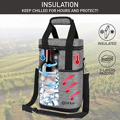 Opux 4 Bottle Insulated Wine Cooler Bag - Leakproof Padded Portable Wine Bottle Tote for Travel Picnic BYOB - Heather Gray - color: Heather Gray, size: 4 Bottle