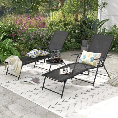 Giantex Lounge Chair Outdoor Set of 2 - Tanning Chair with 6 Adjustable Backrest, 2-Level Footrest, Folding Sunbathing Lounger for Patio, Poolside, Yard, Chaise Lounge Chair, Beach Chair (Black) - color: Black