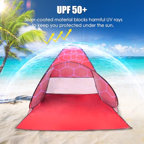 Pop Up Beach Tent, Sun Shelter for 2-3 Person, Sun Shelter with UPF 50+ & Lightweight, Portable Beach Tent Easy Pop Up for Outdoor Camping Fishing - style: Red