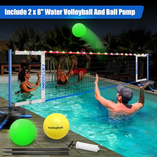 Eastgoing Pool Volleyball Net Set with Light,Adjustable Length 15-25FT，Swimming Pool Volleyball Net System with 2 Water Volleyballs and Heavy Duty Base.