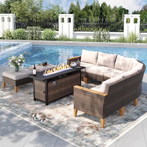 PHI VILLA 8-Piece Curved Patio Furniture Set with Fire Pit Table, Outdoor Wicker Half-Moon Sectional Sofa with Cushions, 56” Gas Fire Pit Table and Ottomans, Beige - color: Beige+fire Pit, size: 8 Seats - Curved