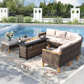 PHI VILLA 8-Piece Curved Patio Furniture Set with Fire Pit Table, Outdoor Wicker Half-Moon Sectional Sofa with Cushions, 56” Gas Fire Pit Table and Ottomans, Beige - color: Beige+fire Pit, size: 8 Seats - Curved