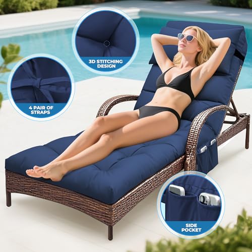 Outdoor Chaise Lounge Chair Cushion, Waterproof Outdoor Chair Cushions for Patio Furniture, 71 x 21 x 4 Inches Replacement Chaise Lounge Cushion with Ties (Blue) - color: Blue
