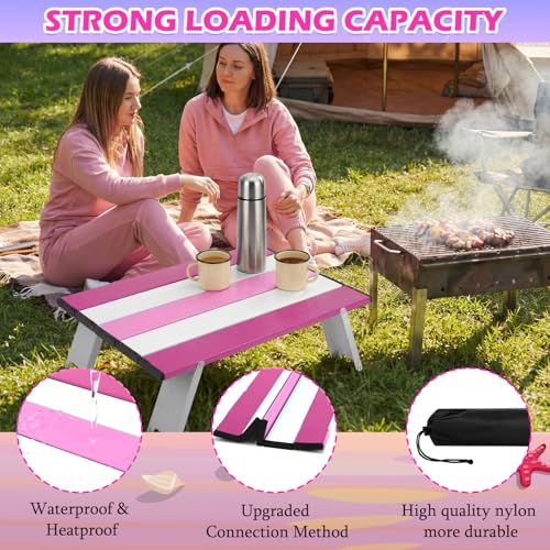 CroBlissful Beach Table Folding Camping Portable Table Striped White Aluminum Side with Carry Bag for Camping Picnics and Outdoor Activities(16x11x5 in,Pink) - color: Pink, size: 16x11x5 in