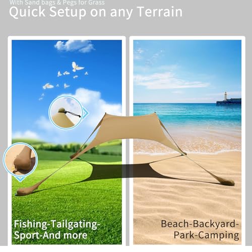 7×7 FT Beach Tent Sun Shelter UPF50+ UV Protection, Outdoor Canopy Tent Sun Shade with 2 Poles for Camping, Beach, Fishing, Backyard and Picnics Khaki - color: Khaki