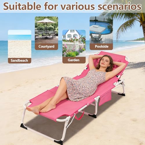 3-in-1 Heavy Duty Tanning Chair with Face Hole Adjustable 5-Position Folding Chaise Lounge Chairs Portable Lay Flat Beach Lounge Chair for Outdoor Sunbathing Patio Pool Lawn Camping Deck (Pink) - color: Pink