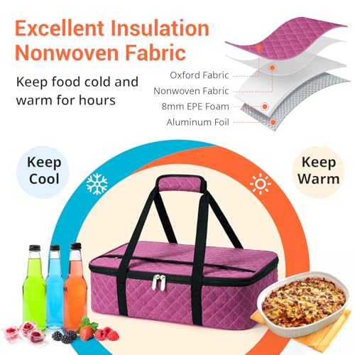 Insulated Casserole Carrier Portable Food Tote for Hot or Cold – Fits 9"x13" Baking Dish, Lasagna Holder for Parties, Picnic, Travel, Beach - Rose Red - color: Pink