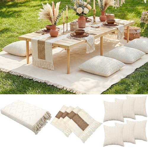 Beeveer Extra Large Outdoor Boho Picnic Blanket 91'' x 71'' Cream White Table Runner 6 Throw Pillow Cover Woven Cotton Yarn Oversize Beach Blanket Washable for Picnic Camp Wedding - color: Cream White, size: Fit 4-6 People 91'' X 71''