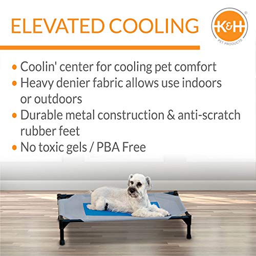 K&H Pet Products Coolin' Pet Cot, Outdoor Cooling Elevated Dog Cot for Medium Dogs, Raised Bed with Cool-Core Center, Portable Pet Platform with Heavy-Duty Metal Frame - Medium Gray/Blue - size: Medium, style: Cooling Cot