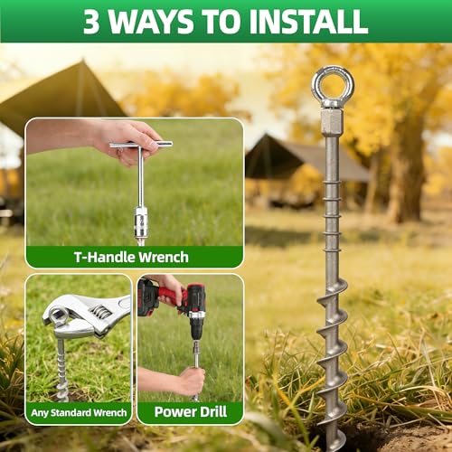 Screw in Tent Stakes 16 Pack Extra Long 14 inch, Heavy Duty Aluminum Ground Anchors with Hex Top for Cordless Drill, Detachable Hooks & T-Handle for Trampoline RV Awning Sand Soft Soil
