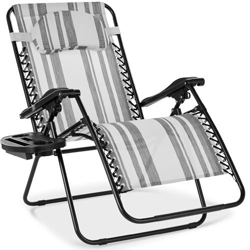 Best Choice Products Oversized Zero Gravity Chair, Folding Outdoor Patio Lounge Recliner w/Cup Holder Accessory Tray, Pillow - Gray Stripes - color: Gray Stripes