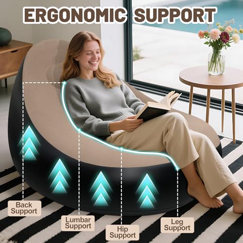 Inflatable Chair for Adults,Portable Inflatables Chairs with Ottoman,Flocked Surface inflatables Couch,Waterproof Blow Up chair,Comfortable inflatable Couch for Camping,Gaming(Without Pump)1PK