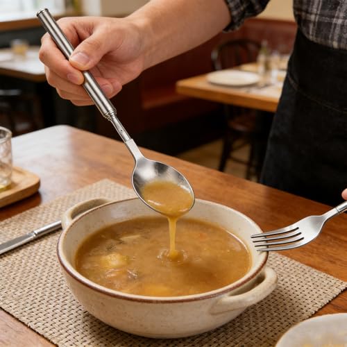 2 Pcs Extendable Fork Spoon Set 8.7 to 25.5in Stainless Steel Telescoping Long Dinner Tableware for Thanksgiving Gifts Barbecue Toasting Fruit Dessert (Silver) - color: Silver