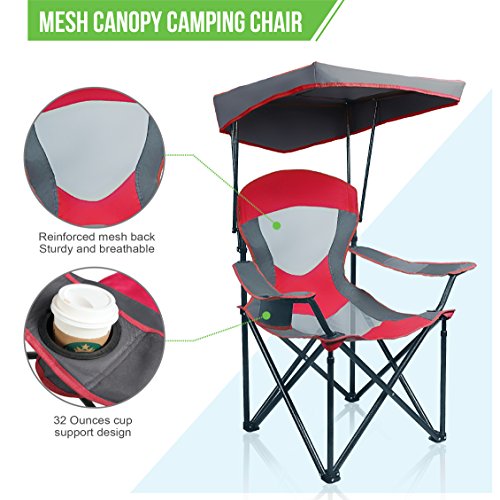 ALPHA CAMP Heavy Duty Canopy Camping Chair, 350 lbs Capacity Oversized Folding Chair with Adjustable Sunshade, Portable Sunshade Chair with Cup Holder for Beach, Fishing, Outdoor - color: Red
