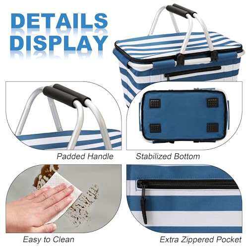 SIYUAN Picnic Basket with Handles 30L Large Stripped Insulated Cooler Leakproof Grocery Shopping Market Tote for Family Blue White - color: Blue White