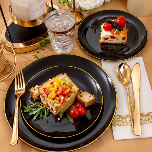 Supernal 350pcs Black & Gold Plastic Dinnerware Set, Elegant Black Plates with Golden Edges, Gold Plastic Silverware, Durable Tableware Perfect for Birthdays, Parties, Wedding, Celebration - color: 350pcs Black Plastic Plates with Gold Rim