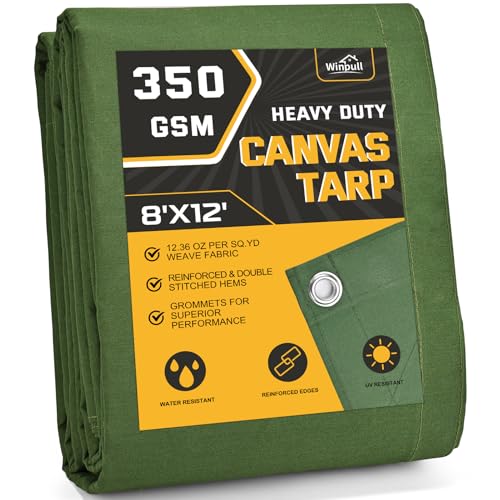 Winpull Heavy Duty Canvas Tarp 8x12 ft, 12oz (350 GSM) Polyester Canvas Water-Resistant Tarp with Rustproof Grommets, Tear-Resistant Outdoor Cover for Wood Piles, Camping, Trailer & Equipment - color: Green, size: 8'x12'
