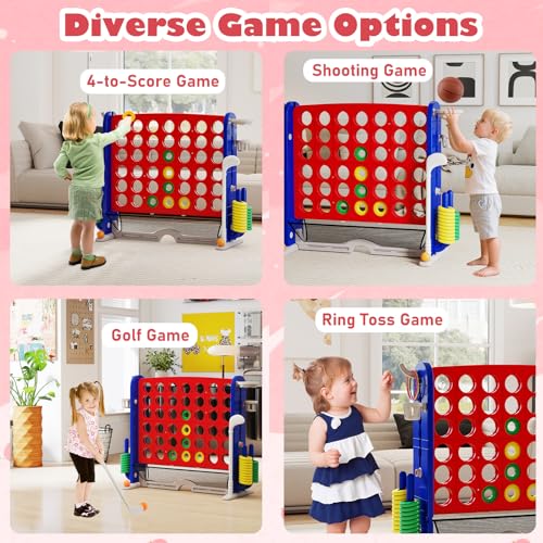 Costzon Giant 4-in-A-Row Connect Game, Height Adjustable 4-in-1 Jumbo 4-to-Score Yard Game with Golf, Ring Toss, Basketball, Cup Holder & Mesh Net, Indoor Outdoor Game for Kids Adults Family Party - color: Red/Blue