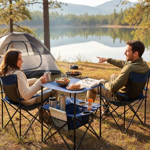 Portable Folding Camping Table with Cup Holders – Lightweight & Compact 2-Tier Outdoor Table with Storage, Ideal for Card Games, Snacks, Picnic, Tailgating & Camping (Navy Blue)