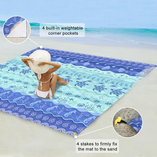 Beach Blanket Waterproof Sandproof Oversized 8 Ft X 7 Ft Sand Free Extra Large Beach Mat with 4 Corner Pockets and Stakes Lightweight Portable for Beach Picnic Travel Camping Outdoor - color: Marine Life, size: 8 X 7 FT(1-4 Person)