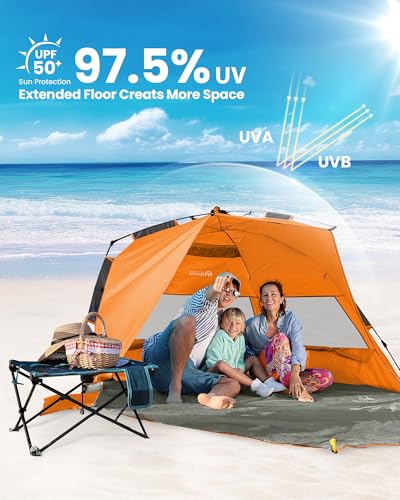 OutdoorMaster Beach Tent Sun Shelter for 3-4 Person, Pop Up Beach Tent Easy Setup with Sandbags, Portable Sun Shade Canopy with Carrying Bag for Beach & Outdoor, UPF50+ UV Protection, Family Size - color: Orange, size: X-Large