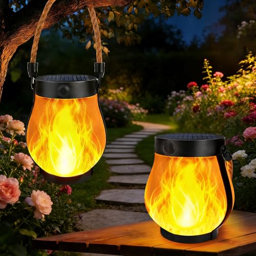 2 Pack Solar Lanterns Outdoor Waterproof, Flickering Flame Hanging Lanterns Decorative Outdoor with 2 Modes, Dual Charging USB & Solar-Powered Outdoors Lantern for Porch Yard Patio Tree Garden Decor - size: 2 Packs