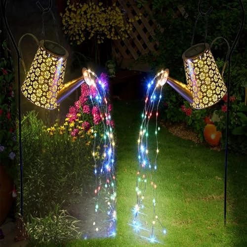 2 Pack Solar Watering Can Lights with Shepherd Hook, 8 Multi-Color Changing Modes, IP65 Waterproof, 60pcs String Lights for Outdoor Garden Pathway Lawn Patio Deck Walkway Courtyard - color: Rainbow-Colored-3
