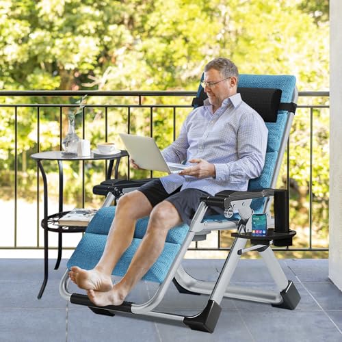Slsy Zero Gravity Chair, Reclining Lounge Chair with Removable Cushion & Tray for Indoor and Outdoor, Patio Recliner Folding Reclining Chair - color: Linen Ocean Blue, style: Zero Gravity Chair