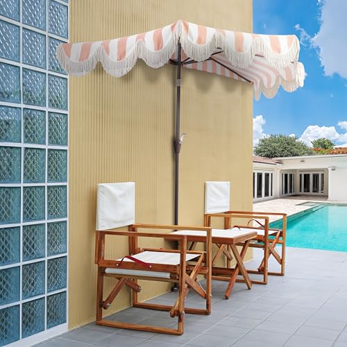 JONATHAN Y Half Umbrella UMB1201E Beverly 9 ft. Designer Classic Scalloped Fringe Market Patio with Crank, Push Button Tilt and UV Protection in Coral Pink/White - color: Coral Pink/White