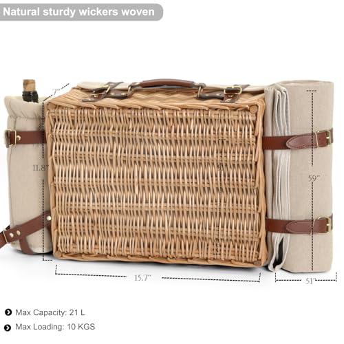 Multifunctional Wicker Picnic Basket Set for 2 with Blanket and Picnic Table, Insulated Picnic Set with Full Tablewares for Camping Outdoor Couples,Natural - color: Natural With Blanket &Table for 2