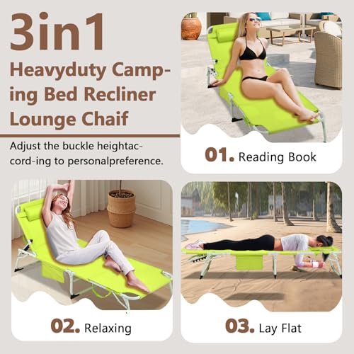 3-in-1 Heavy Duty Tanning Chair with Face Hole Adjustable 5-Position Folding Chaise Lounge Chairs Portable Lay Flat Beach Lounge Chair for Outdoor Sunbathing Patio Pool Lawn Camping Deck (Green) - color: Yellow