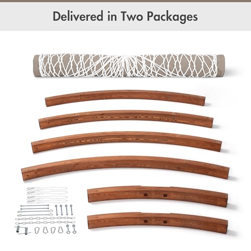 ANOW 13.5FT Curved Wooden Stand with Rope Hammock, Heavy Duty Larch Wood Arc Stand with 2 Chains, 4 Balance Ropes and 4 Carabiners, Includes Light Brown Hammock with Spreader Bars - color: Light Brown