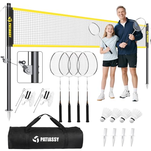 Professional Badminton Set with Carbon Fiber Badminton Rackets Set of 4, Outdoor Portable Badminton Net with Anti-Sag Winch System, 4 Nylon Badminton Shuttlecocks and Bag - color: Yellow