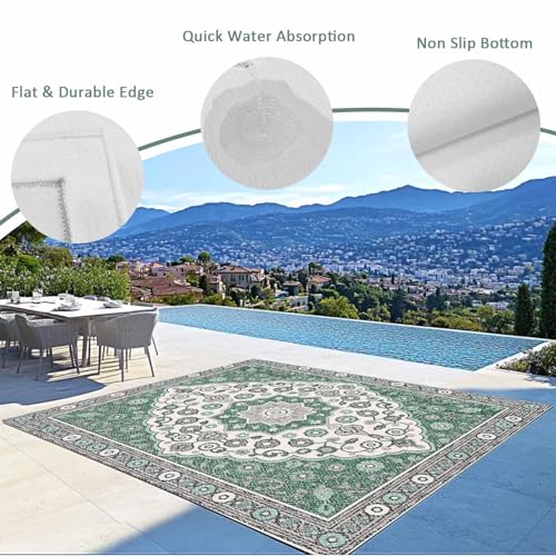 Outdoor Rug 4x6ft, Boho Ethnic Abstract Flower Indoor Area Rug for Patio Backyard Deck Large Floor Mat, Traditional Gray Green Theme Non-Slip Outside Carpet Balcony Porch Camping Rugs Picnic Mat - color: Green, size: 4' x 6' (Rectangular)