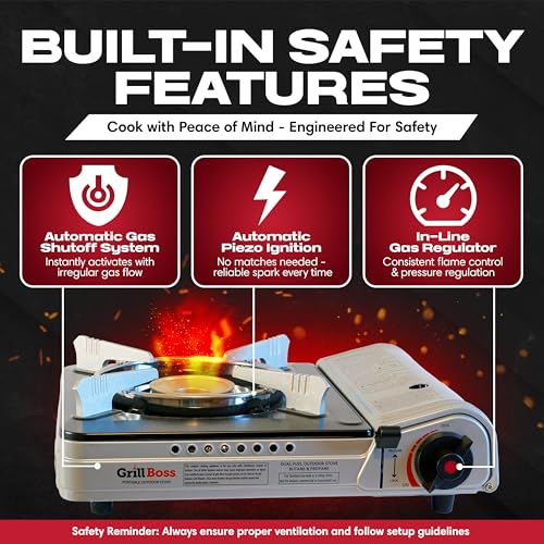 Grill Boss Dual Fuel Camp Stove w/ 4x 8oz Butane Canisters - 12,000 BTU Butane & Propane Portable Stove for Camping, Emergencies, BBQ, Hiking & Backpacking - Double Wind Guard, Piezo Ignition - 90057 - style: Stove&Fuel Combo