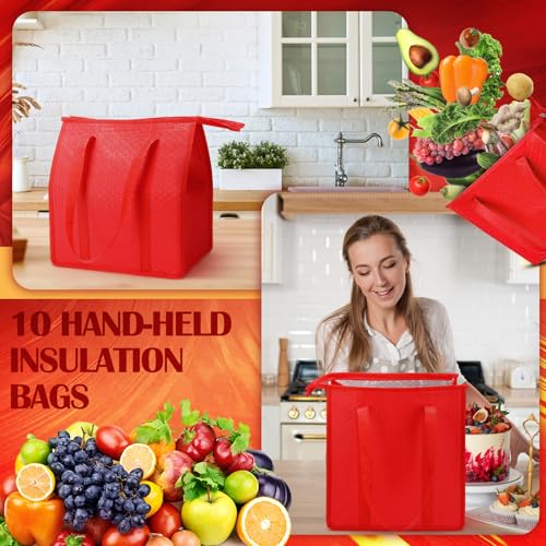 10 Pack Large Insulated Grocery Bags Reusable Shopping Bags with Zippered Top 13 x 12 x 7 Inch Thermal Cooler Totes Bulk with Handles for Hot Cold Food Delivery Refrigerator (Red) - color: Red