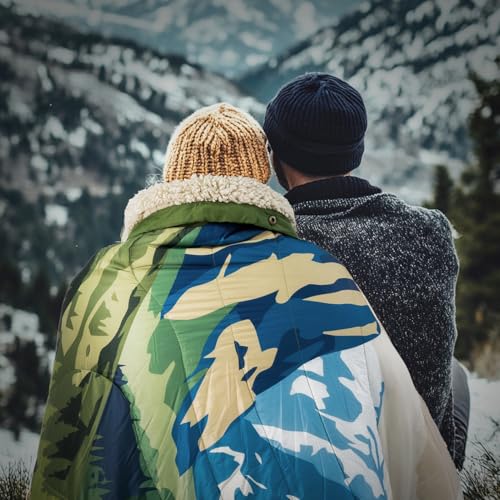 Outdoor Camping Blanket with Sherpa Lining, Extra Warm Thick Camp Blankets and Puffy Ultralight Soft Poncho DWR Camping Quilt for Cold Weather, Adventure, Sleeping, Backpacking 78"x 56" - color: Green Sierra Nevada, size: 78 x 56 inches
