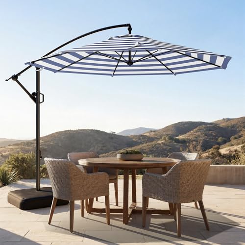 HOMSHADE 10ft Offset Patio Umbrella wIth Base, Cantilever Offset Hanging Patio Outdoor Market Umbrella UPF50+ UV Protection with Easy Tilt and Crank for Pool Deck and Garden(Navy Blue Stripes) - color: Navy Blue Stripes