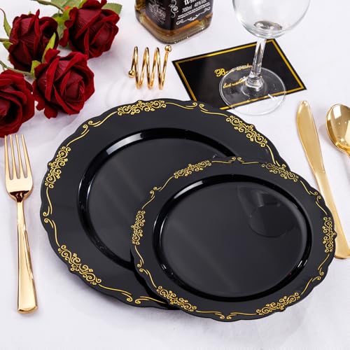 U-QE 100PCS Black and Gold Plastic Plates - Heavy Duty Black Disposable Plates Including 50PCS 10'' Dinner Plates & 50PCS 7.5'' Dessert Plates - Hard Plastic Plates for Party - color: Black/Gold