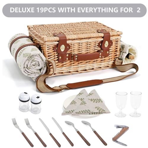 Picnic Basket with Blanket and Wine Pouch for 2, Wicker Picnic Set with Insulated Liner Cooler Bag Hamper for Camping,Wedding - Leaf - color: Leaf With Blanket for 2