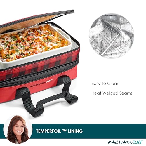 Rachael Ray Expandable Insulated Casserole Carrier for Hot or Cold Food, Thermal Lasagna Lugger Tote for Potluck, Parties, Picnic, and Cookouts, Fits 9" x 13" Baking Dish - color: Red Buffalo Check