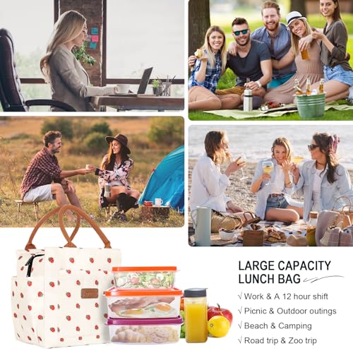 Joymee Lunch Bag Women Insulated Lunch Box Reusable Leakproof Large Spacious Cooler Tote for Women Men Adult with Bottle Holder and Side Pockets for Work Office Travel Picnic - Strawberry - color: 04 Strawberry