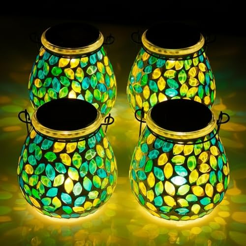 Starsoul 4 Pack Solar Lanterns Outdoor Waterproof, Unique Green Mosaic Glass Solar Garden Lights, Decorative Outdoor Lantern for Outside Patio Pathway Porch Yard Table - color: Green-4PC