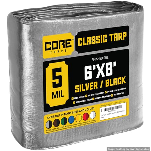 Core Tarps Classic 5 Mil Tarp Cover, Waterproof, UV Resistant, Rip and Tear Proof, Poly Tarpaulin with Reinforced Edges for Roof, Patio, Pool Cover, Boat (Silver/Black 6′ X 8′) - color: Silver/Black-5 Mil, size: 6′ X 8′