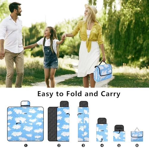 Picnic Blankets, 79''x79'' Extra Large Beach Blanket Waterproof Sandproof, Foldable & Portable Outdoor Mat 3-Layer Beach Blanket for Family Camping, Park, Travel, Backyard, Grass Lawn-Clouds