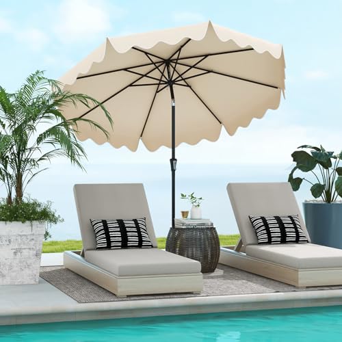 Tangkula 9Ft Patio Umbrella with Crank, 2-Tier Outdoor Umbrella with Push Button Tilt, Sun-Protective Canopy, 8 Ribs, Scalloped Patio Umbrella for Outdoor Beach Deck Pool Table (Beige) - color: Beige, size: 9Ft