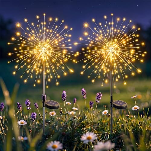 btfarm 2 Pack Solar Garden Lights Outdoor 8 Modes, 120 LED Firework Lights Solar Powered, Waterproof Twinkle Fairy Light Outside for Yard Pathway Lawn Pool Patio Christmas Decorative, Warm White - color: Warm White, size: 2 Pack
