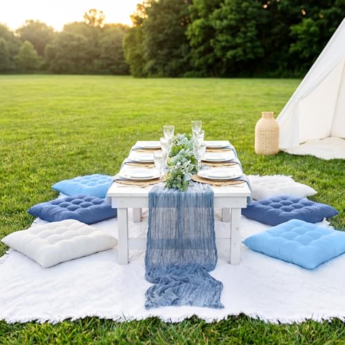 Extra Large Outdoor Picnic Blanket with Table Runner and Floor Pillow Cushion for Picnic Wedding Birthday Baby Shower Backyard(91 x 71'',Blue,White,6-Person) - color: Blue,white