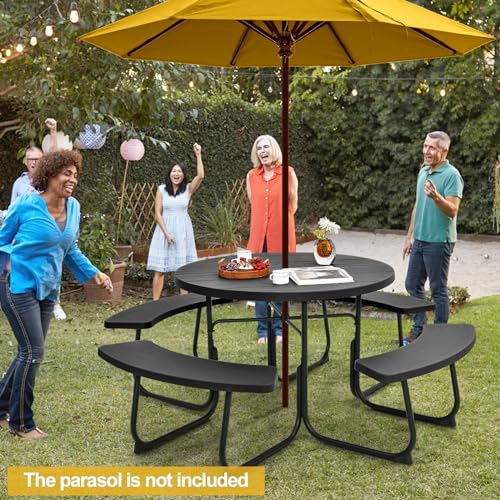 Tangkula 8 Person Picnic Table, Outdoor Round Picnic Table with 4 Built-in Benches, Umbrella Hole, Metal Frame & HDPE Tabletop, Outside Table and Bench Set for Backyard, 2300lbs Weight Capacity - color: Black